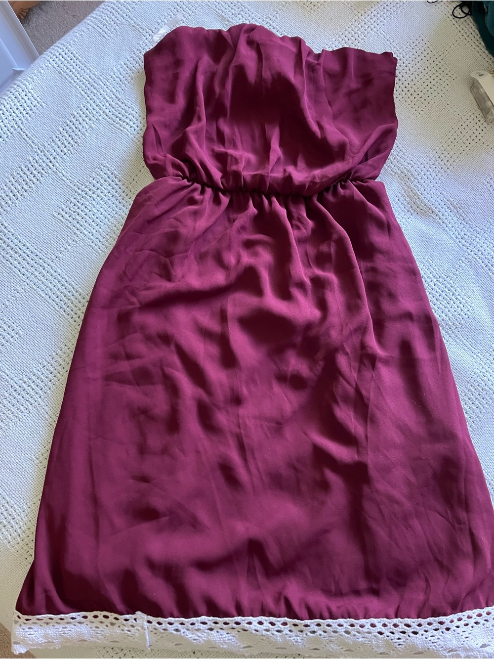 Strapless Burgundy Minidress with Handkerchief-tie Back + Crochet Hem